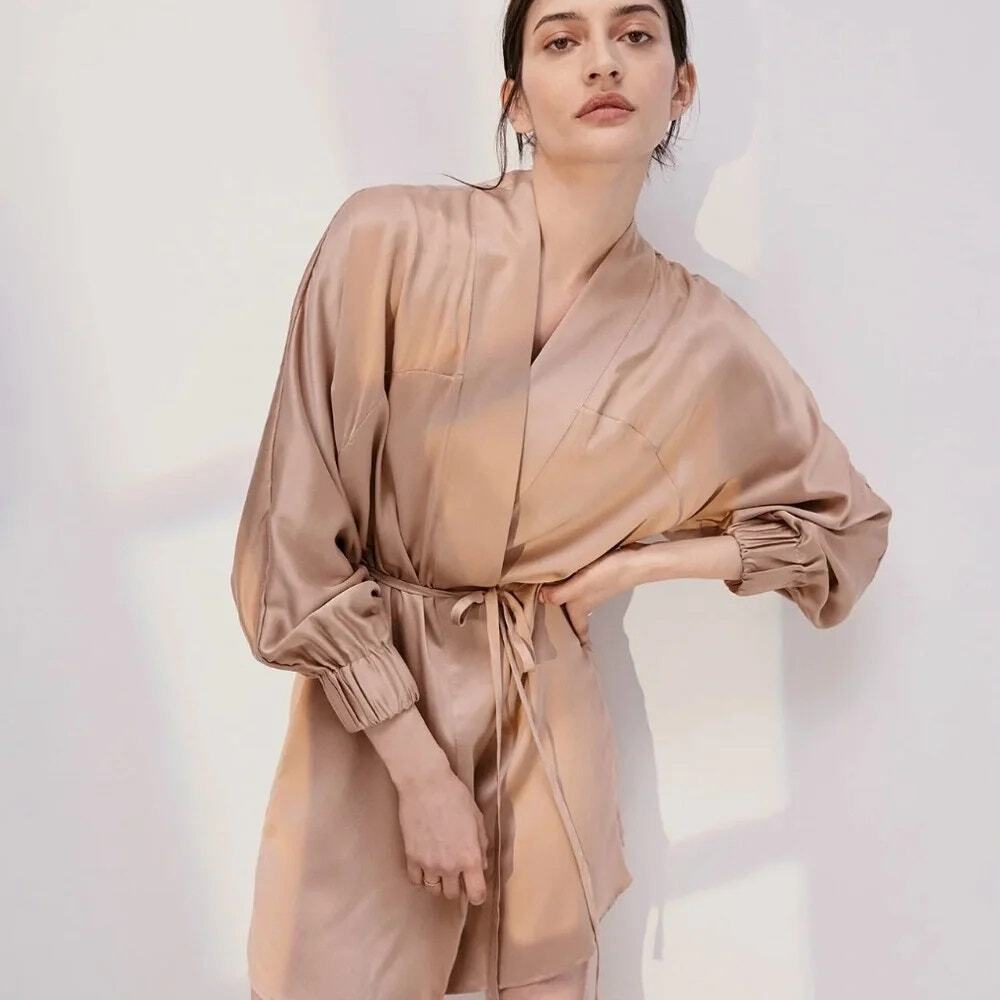 Lunya Washable Silk Robe Otium Tan Belted Kimono Elastic Cuffs Womens XS S